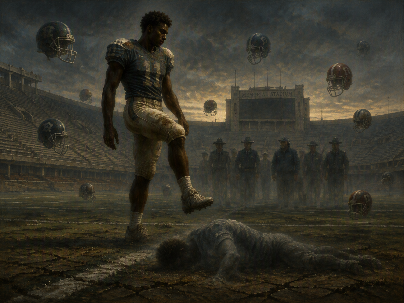 A classical figure in muted tones stands over a shadowed prone figure on an empty football field at dusk, surrounded by spectral helmets and empty benches symbolizing the suspended players, with distant ghostly figures representing officials and coaches, evoking solitude and quiet aftermath of the 2004 Clemson–South Carolina fight.