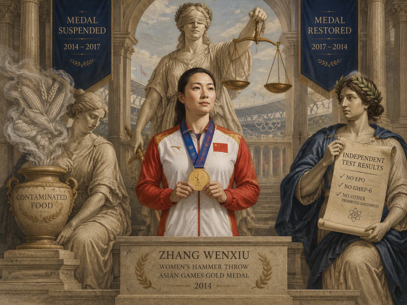 Neoclassical illustration showing Zhang Wenxiu standing in a grand hall holding her restored gold medal, flanked by allegorical figures of Justice and Science, with symbolic references to contaminated food and independent testing behind her, commemorating the reversal of her doping sanction at the 2014 Asian Games.