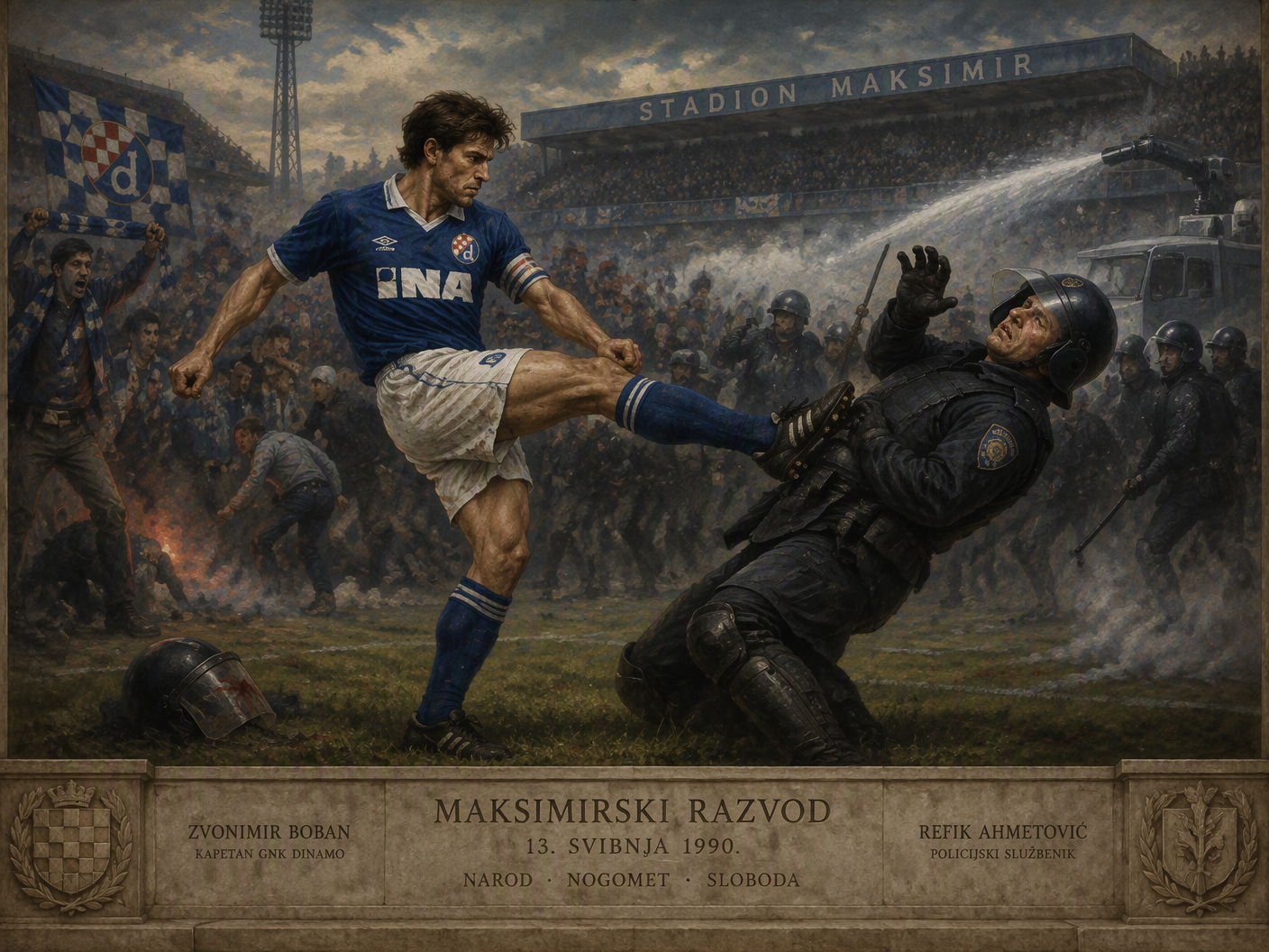 A neoclassical painting showing Dinamo Zagreb captain Zvonimir Boban kicking police officer Refik Ahmetović in riot gear on a football pitch. Surrounding them are shadowed figures of rioters and police, with the stadium stands in the background. The scene conveys historical gravity and civic memory through a formal, balanced composition and muted classical colors.